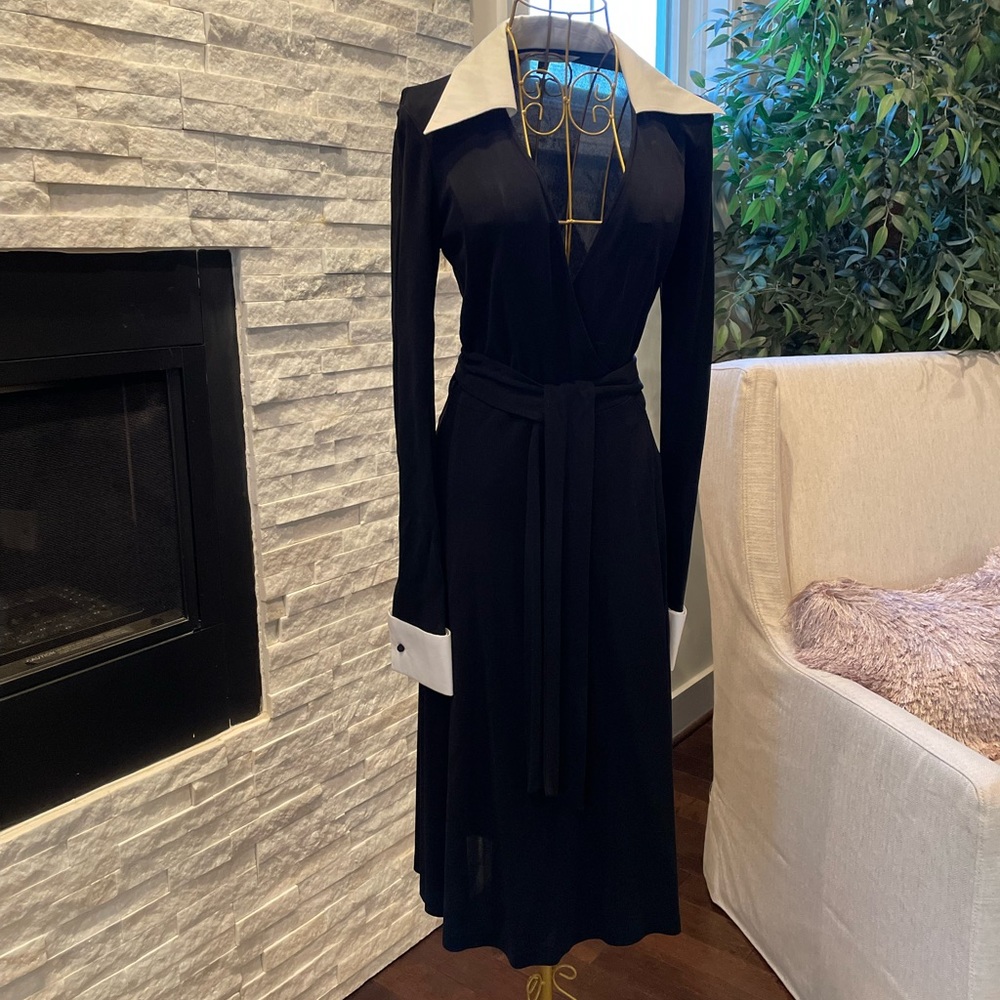 Diane Von Furstenberg “vintage” black Jersey wrap dress, white collars & cuffs